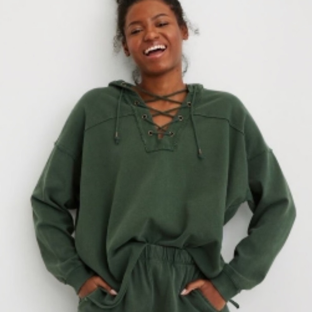 Aerie Lace Up Drawstring Oversized Hooded Sweatshirt Size S Evergreen